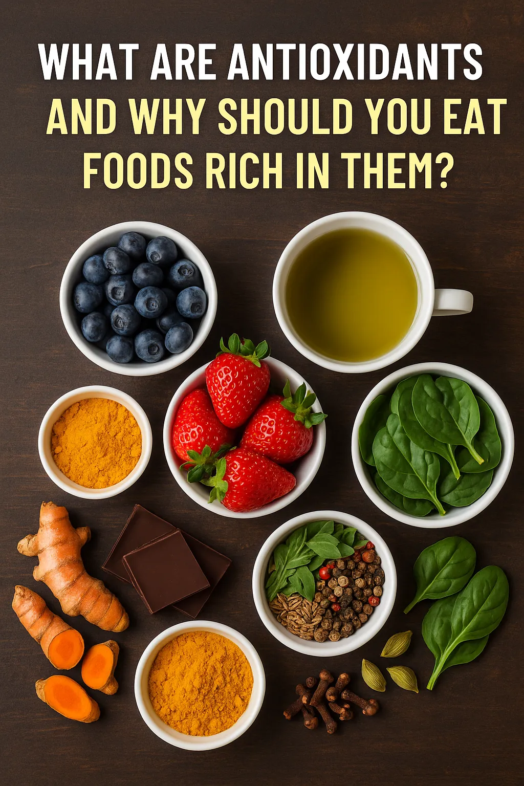A vibrant flat-lay of antioxidant-rich foods including berries, leafy greens, turmeric, and spices on a wooden background