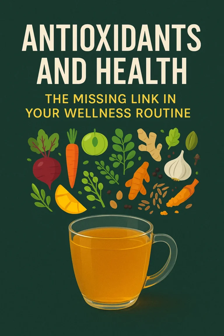 Antioxidants and health — herbal tea surrounded by natural antioxidant-rich ingredients like beetroot, moringa, turmeric, and amla